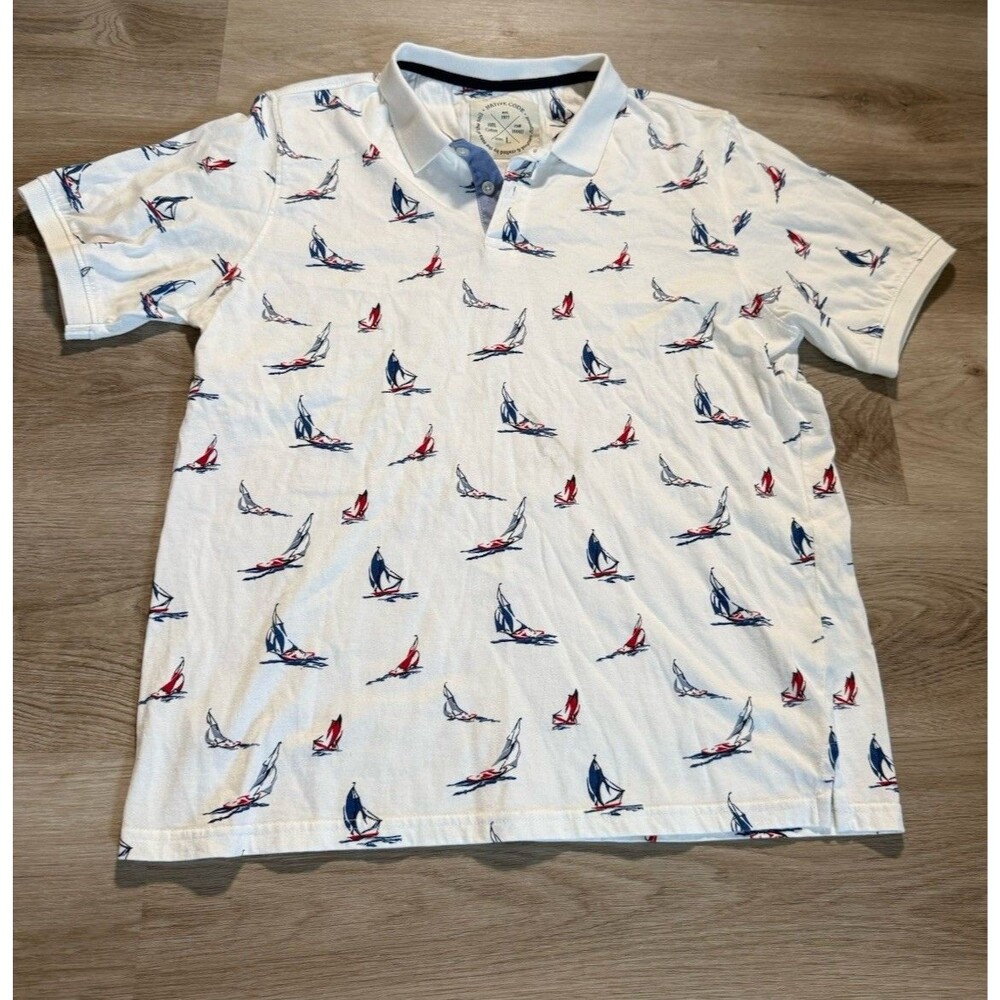 Native Code Polo Shirt Mens Large White Sailboat Print Short Sleeve